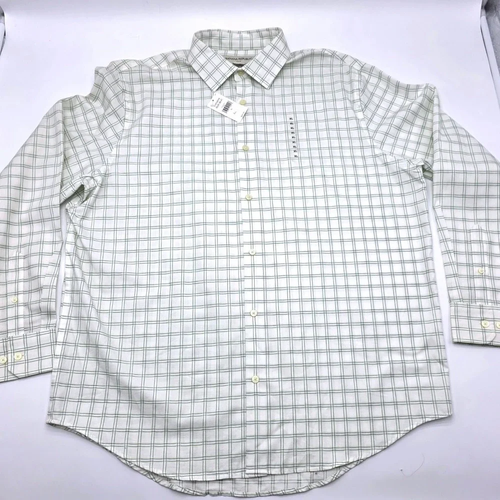 Banana Republic Mens‎ XL Green White Windowpane Cotton Button Down Shirt
